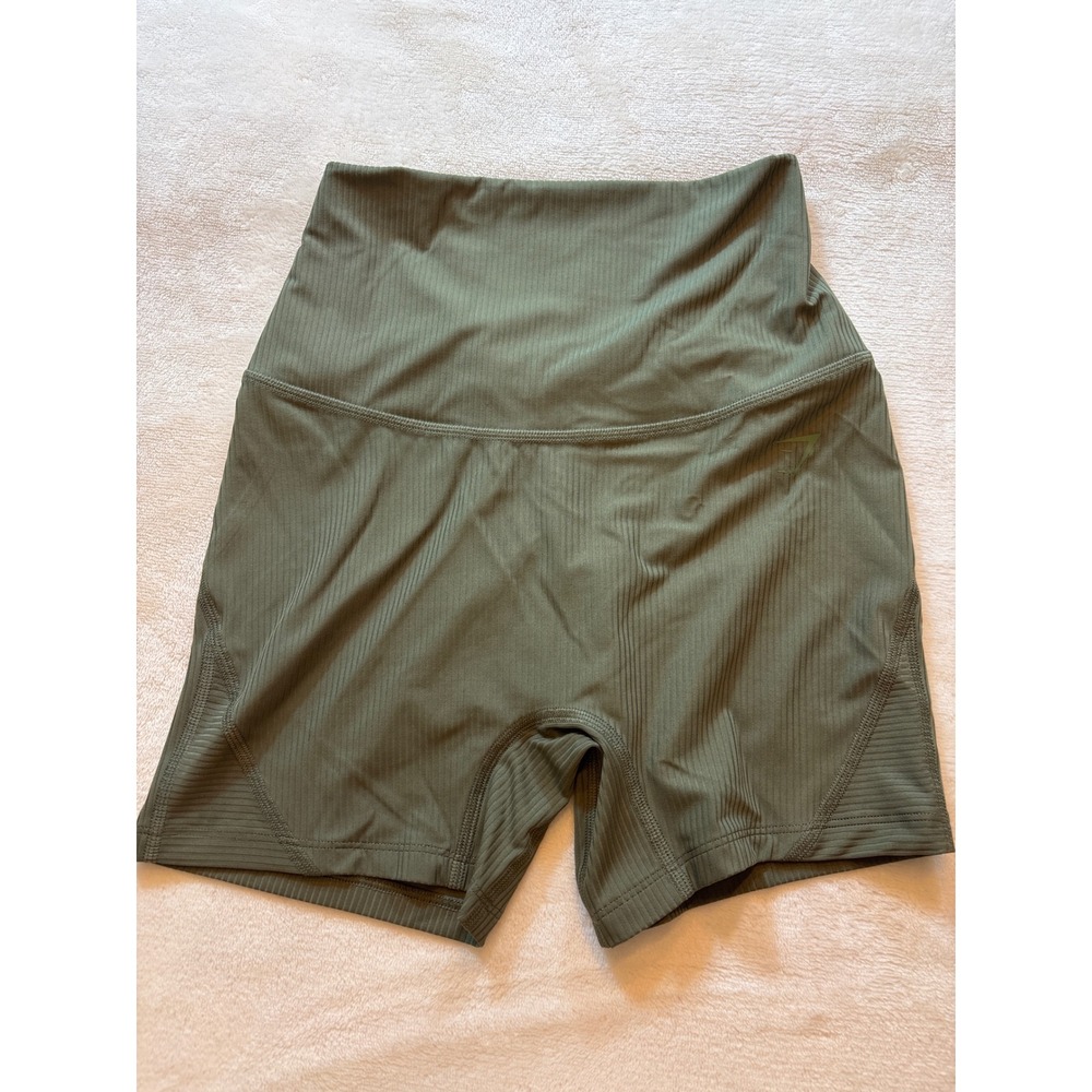 Gymshark Womens Olive Green Ribbed High Waisted Biker Shorts XS B9A2R